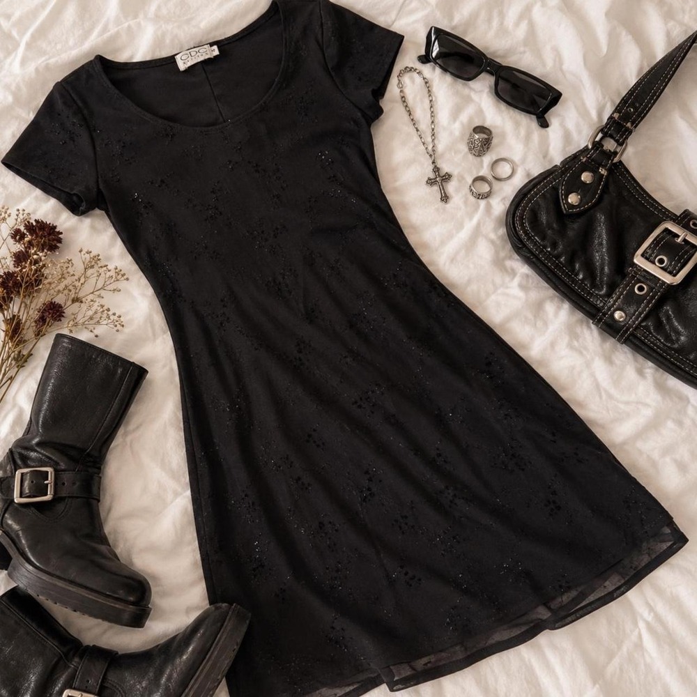 Black fairy mini dress  Vintage whimsyGoth black sparkly floral mini dress